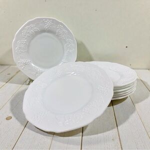Vintage Milk Glass Grape Bread & Butter Plates White Embossed - MCM Set Of 8